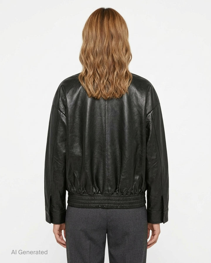 Musée RA oversized black leather bomber jacket with funnel collar, flap pockets and smocked elasticated hem, front view - back