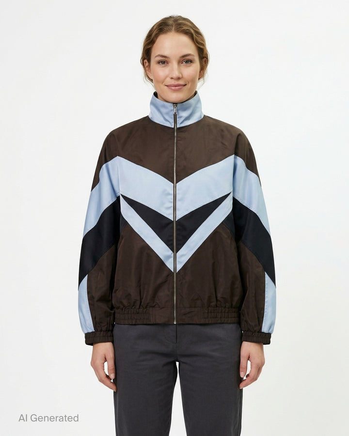 N°21 oversized sports blouson in dark brown and powder blue with bold navy chevron colourblock panels, funnel neck, and full-length zip closure - front