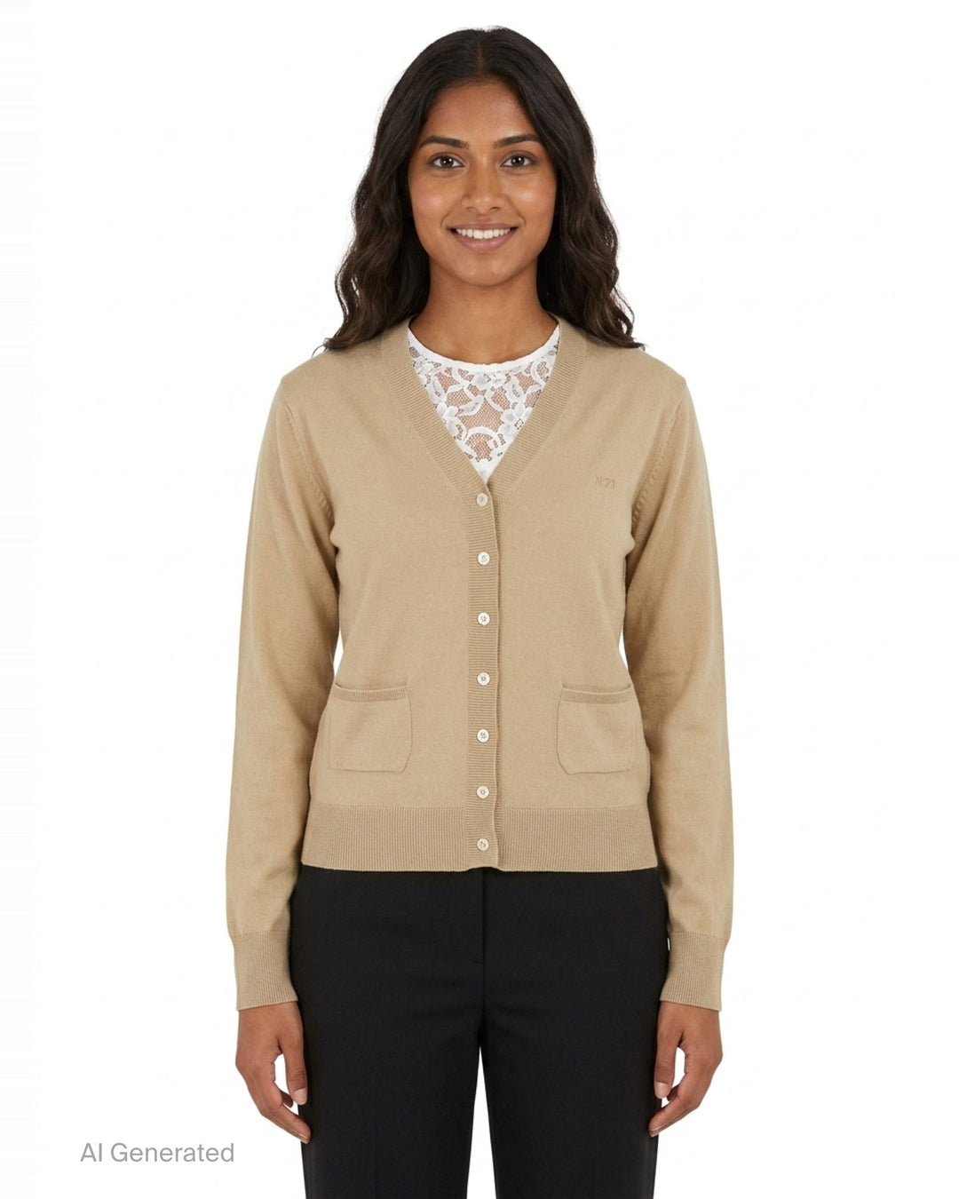 N°21 fine knit camel V-neck cardigan with pearlescent button placket, tonal logo embroidery on the chest, ribbed cuffs and hem, and two hip patch pockets, shown flat against a white background
