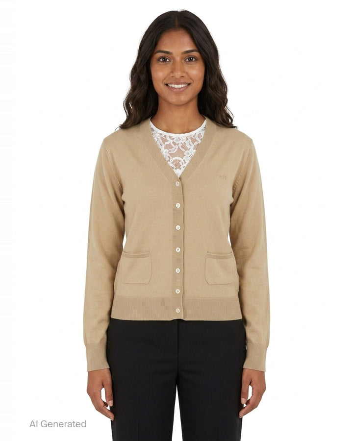 N°21 fine knit camel V-neck cardigan with pearlescent button placket, tonal logo embroidery on the chest, ribbed cuffs and hem, and two hip patch pockets, shown flat against a white background