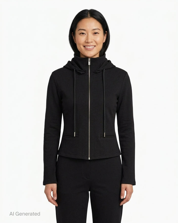 Nache black fitted zip-up hoodie with layered hood, ribbed funnel collar, drawstrings and welt waist pockets - front