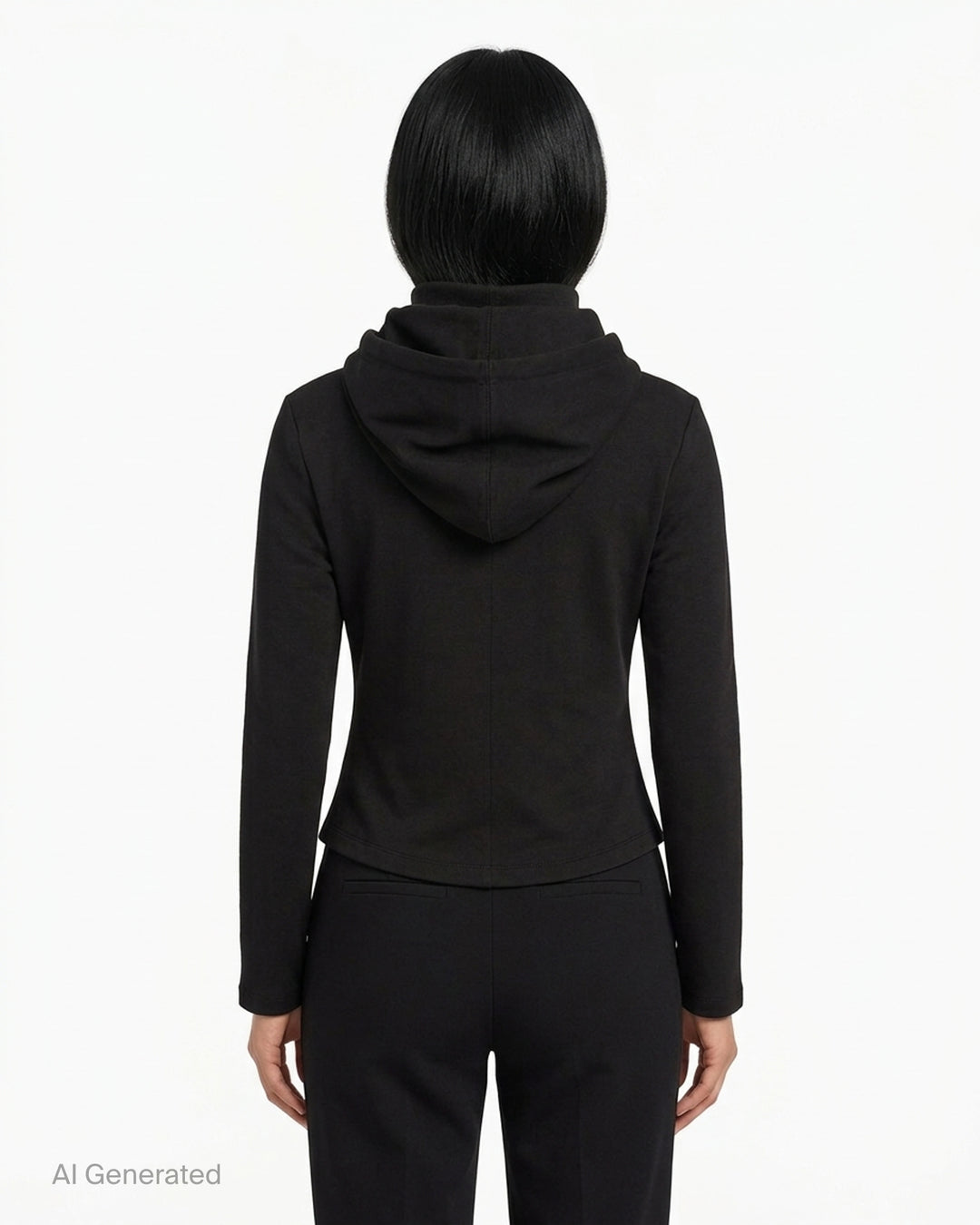 Nache black fitted zip-up hoodie with layered hood, ribbed funnel collar, drawstrings and welt waist pockets - back