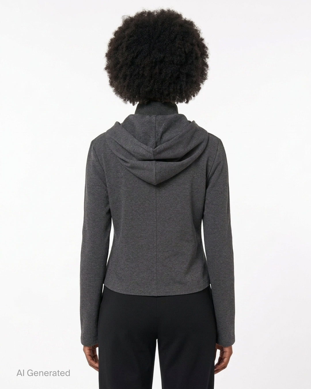 Heather charcoal grey zip-up hoodie with detachable hood, ribbed funnel collar, black drawcords and slit waist pockets - back
