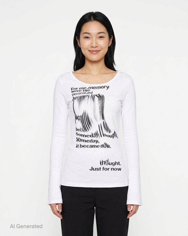 White Nache slim fit long sleeve top with a distorted black typographic print and flared cuffs - front