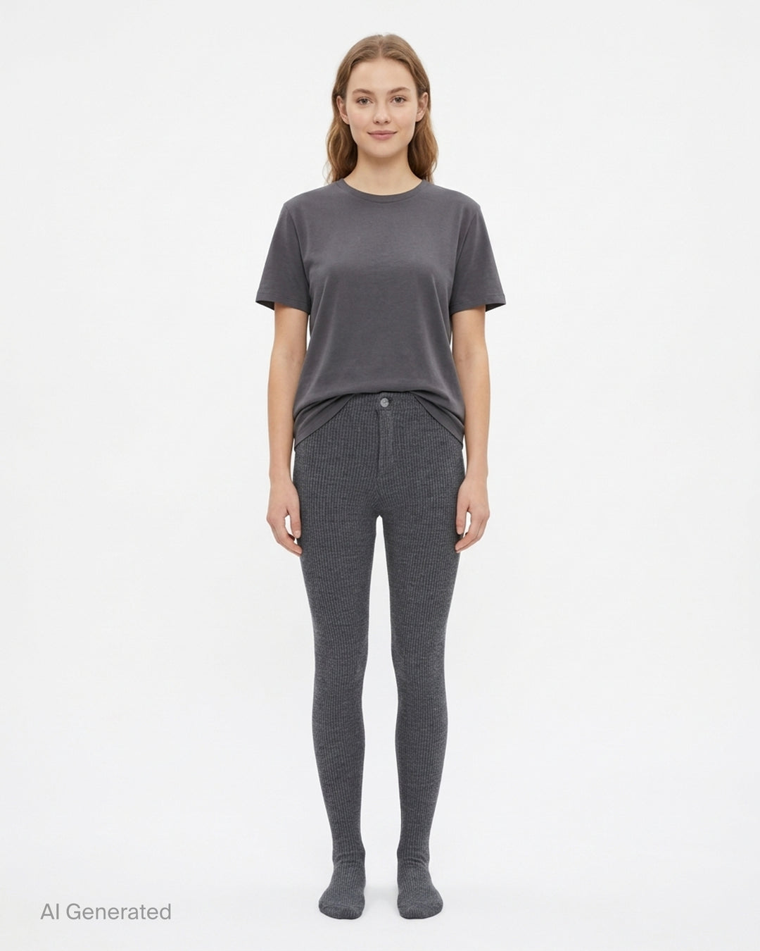 Nache charcoal ribbed knit sock pants with high waist, single button closure and integrated footed hem, shown front view - front