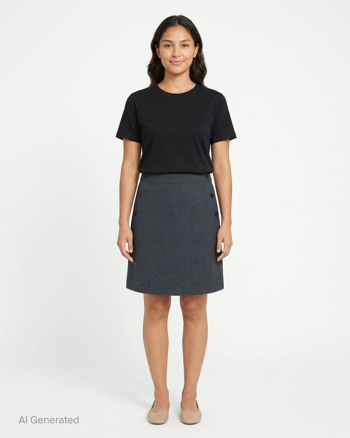 Nache charcoal grey A-line midi skirt with rows of dark buttons along both sides and buttoned waistband tabs - front