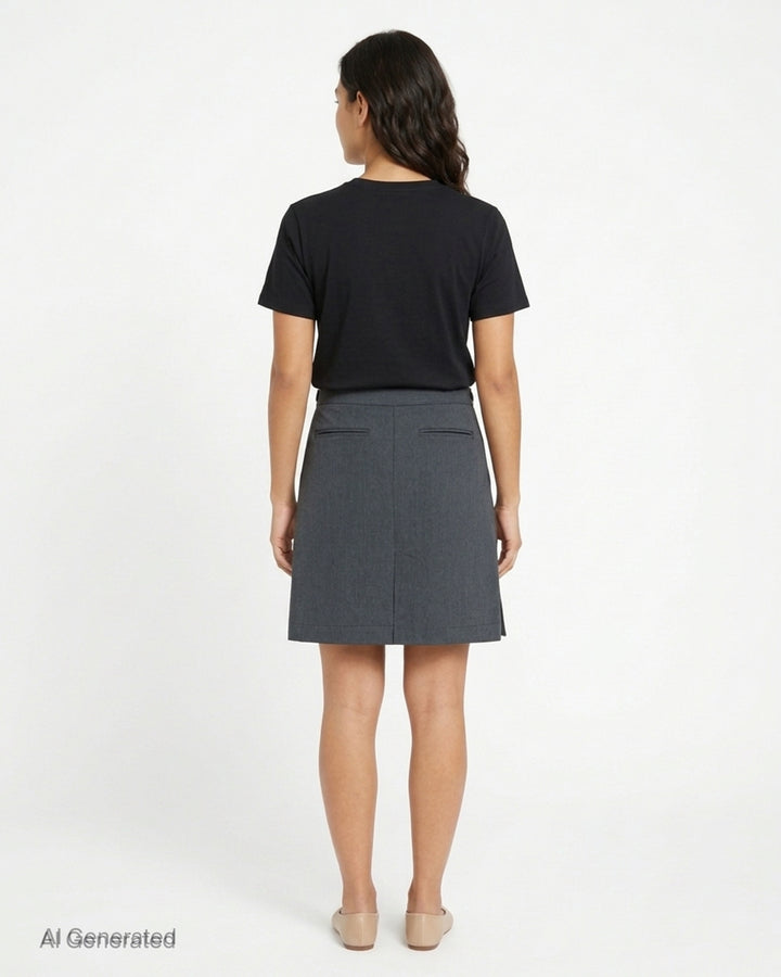 Nache charcoal grey A-line midi skirt with rows of dark buttons along both sides and buttoned waistband tabs - back