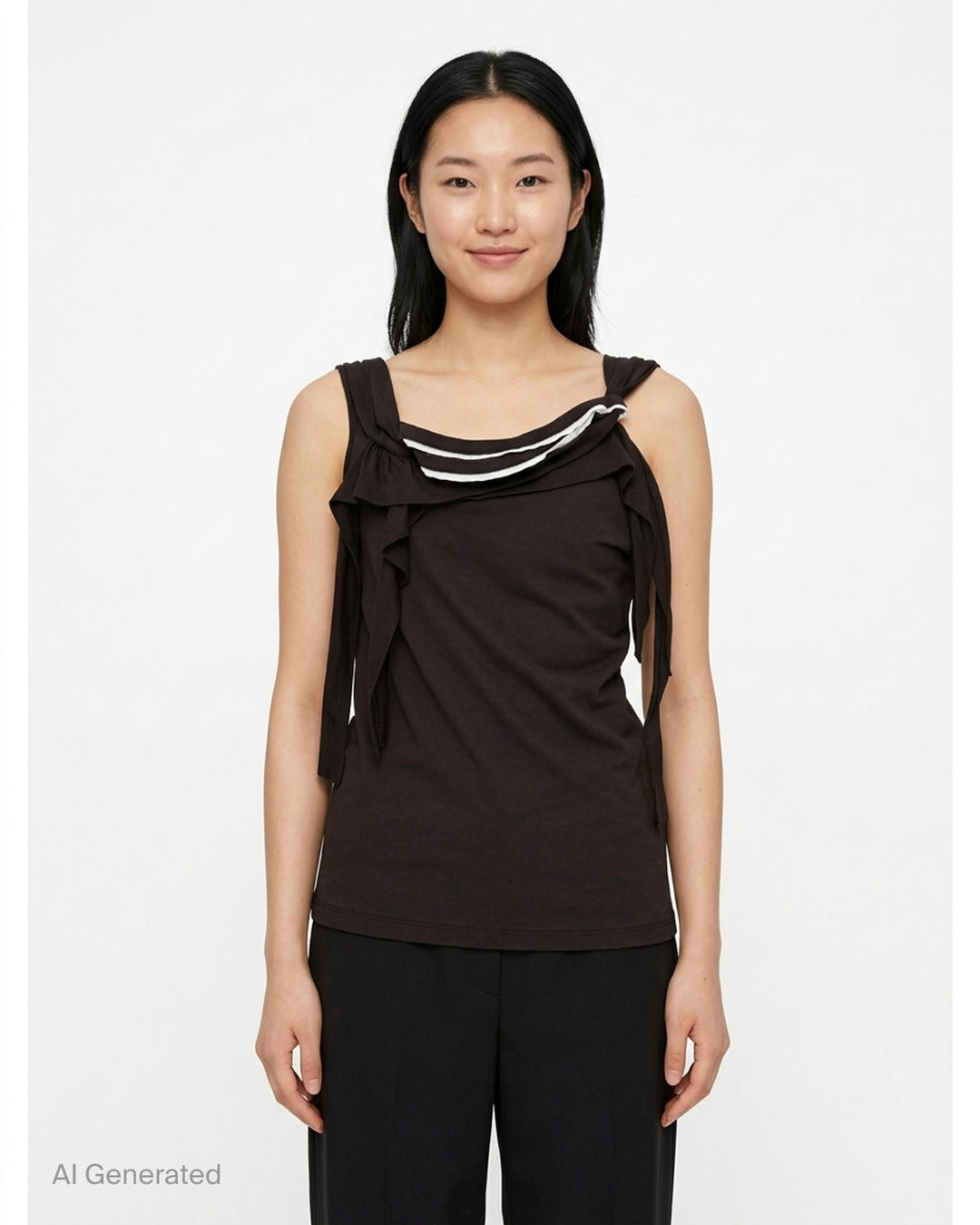 Black sleeveless jersey top with raw-cut ruffles, knotted straps and white piped draped neckline - front