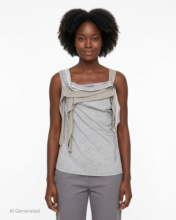 Nache Rawcut Halter Sleeveless Top in heather grey jersey with draped taupe ribbon layers and raw-edge detailing at the neckline - front