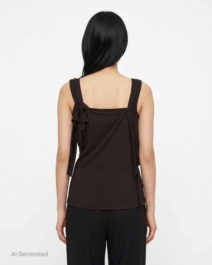 Black sleeveless jersey top with raw-cut ruffles, knotted straps and white piped draped neckline - back