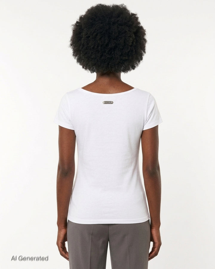 White scoop-neck short-sleeve t-shirt with a black x-ray-style lingerie slip print on the front and a Nache label at the neck - back
