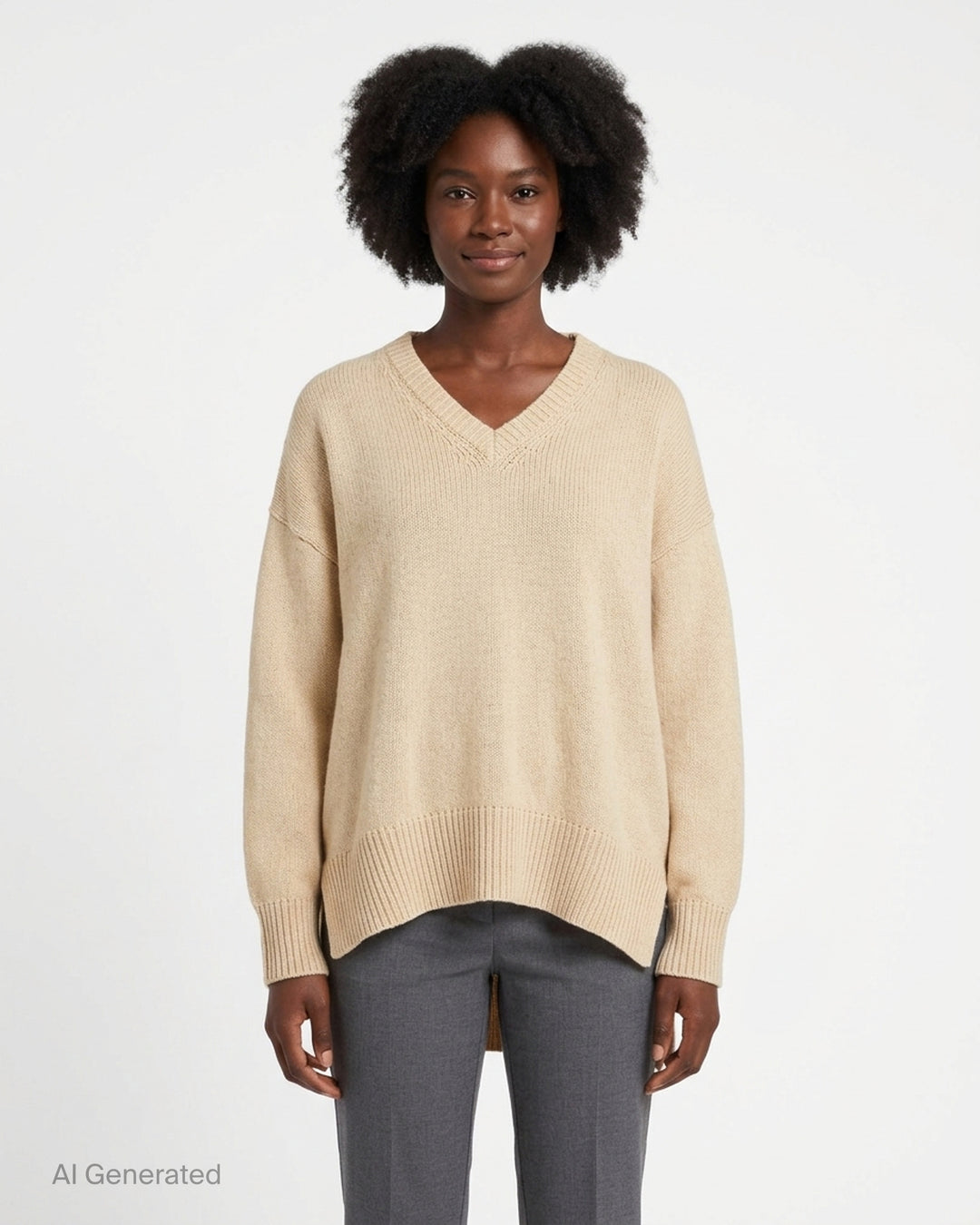 Niccolò Pasqualetti Lentezza oversized V-neck knit sweater in sand beige with ribbed trim, dropped shoulders and a high-low hem - front