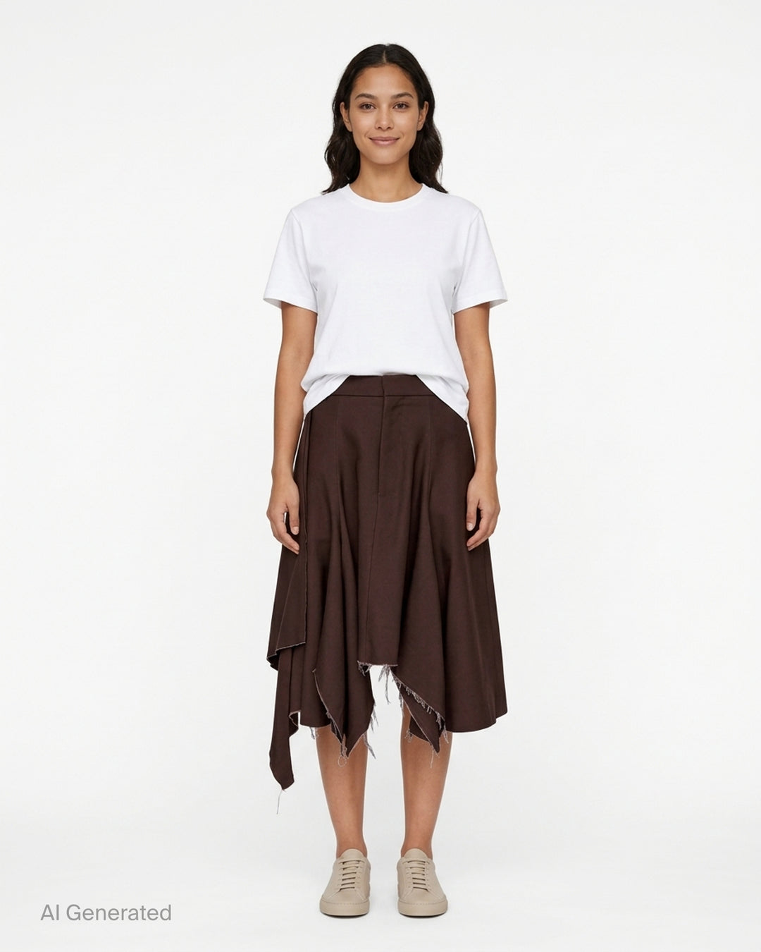 Niccolò Pasqualetti Nave wool skort in chocolate brown with asymmetric handkerchief hem and raw frayed edges - front