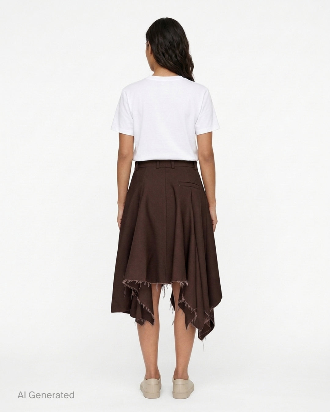 Niccolò Pasqualetti Nave wool skort in chocolate brown with asymmetric handkerchief hem and raw frayed edges - back