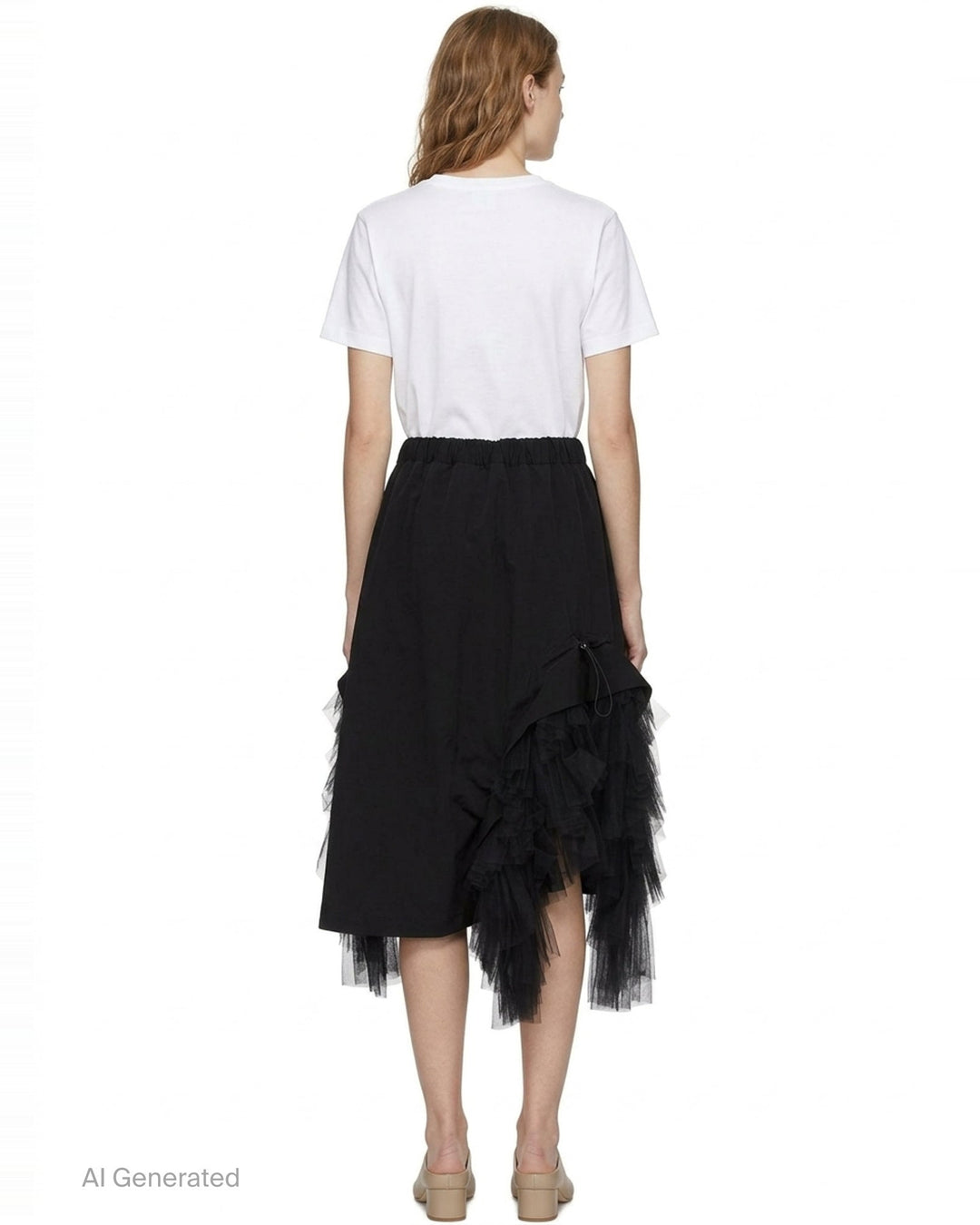 Noir Kei Ninomiya black asymmetrical midi skirt with tiered tulle ruffles and elasticated waistband, shown flat on white background - back