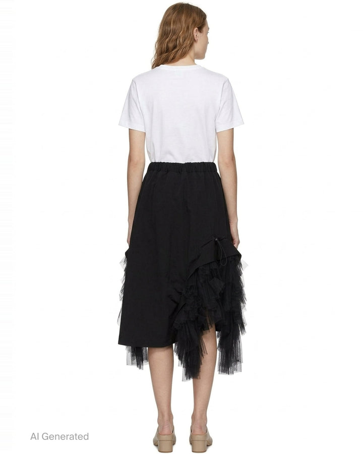 Noir Kei Ninomiya black asymmetrical midi skirt with tiered tulle ruffles and elasticated waistband, shown flat on white background - back