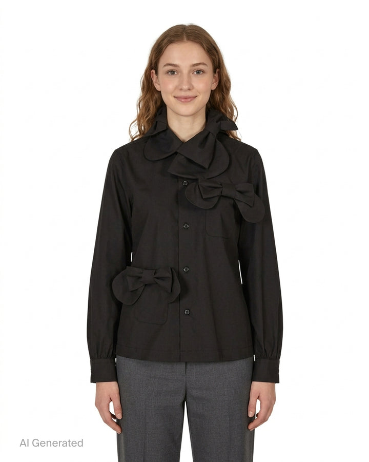 Black cotton long-sleeve button-up shirt by Noir Kei Ninomiya with oversized ribbon bows at the collar, chest and waist pocket - front