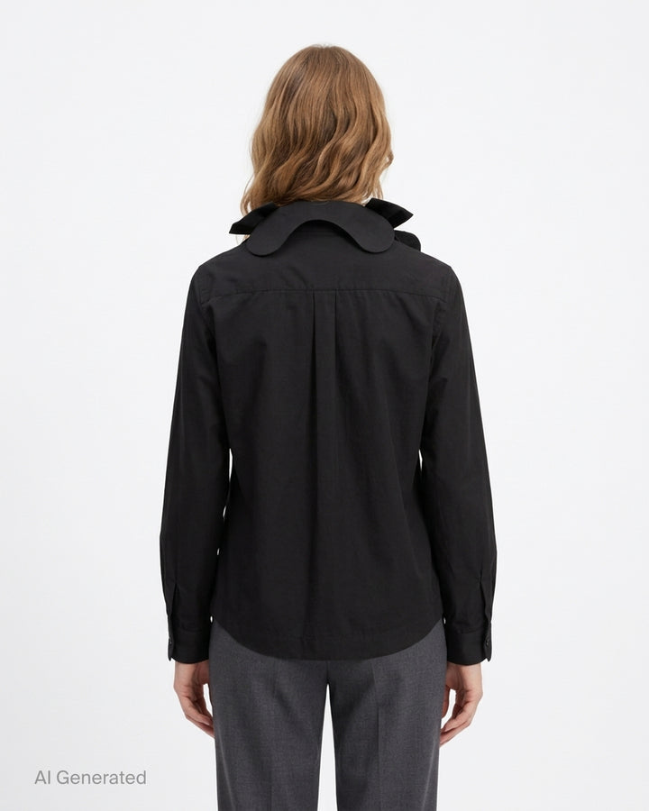 Black cotton long-sleeve button-up shirt by Noir Kei Ninomiya with oversized ribbon bows at the collar, chest and waist pocket - back