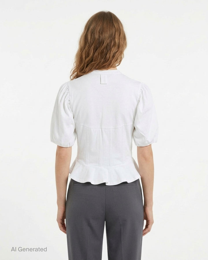 Noir Kei Ninomiya white cotton ponte top with corset-style seaming, puff sleeves, peplum hem and front zip closure - back