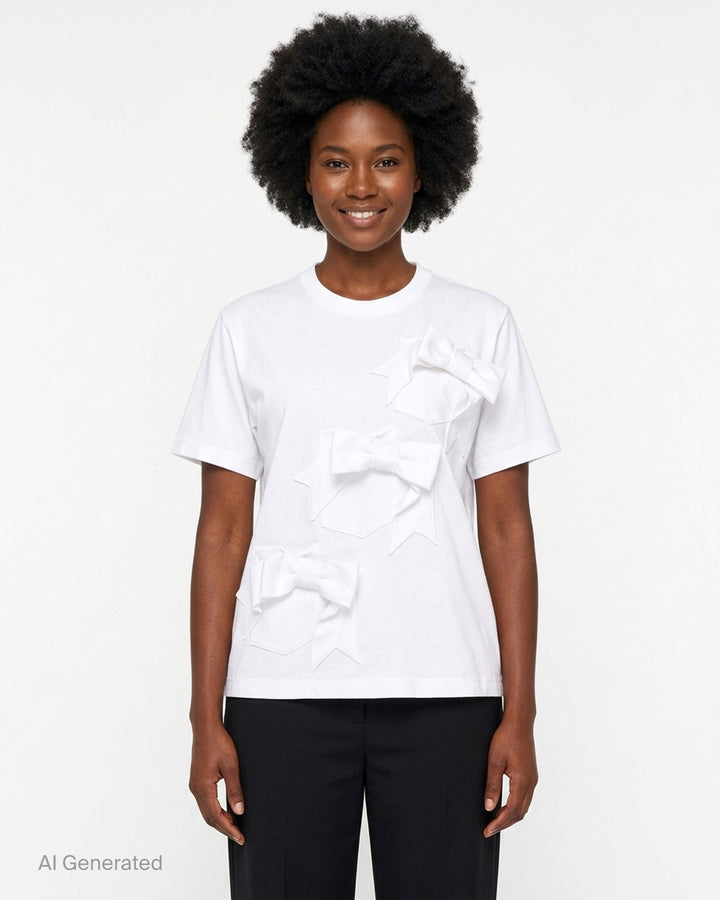 Noir Kei Ninomiya black cotton ponte tee with three dimensional bow appliqués and star-cut panels cascading diagonally down the front - front