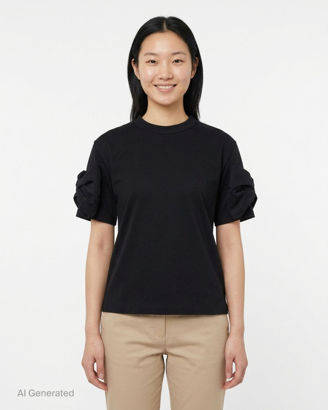 Noir Kei Ninomiya black cotton ponte tee with crew neck and twisted knot detailing on both short sleeves, shown from the front - front