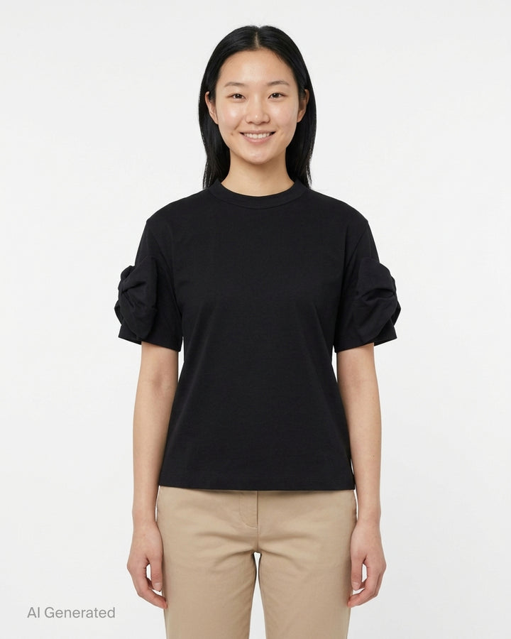 Noir Kei Ninomiya black cotton ponte tee with crew neck and twisted knot detailing on both short sleeves, shown from the front - front