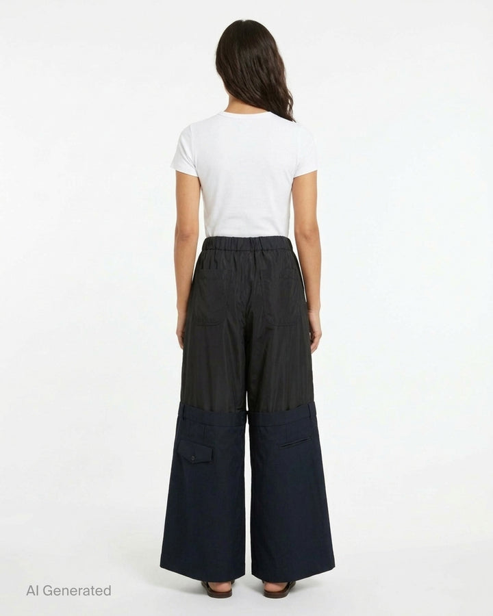 Noir Kei Ninomiya black wide-leg pants in cupra twill and wool gabardine with elasticated waist and layered tailored lower section - back