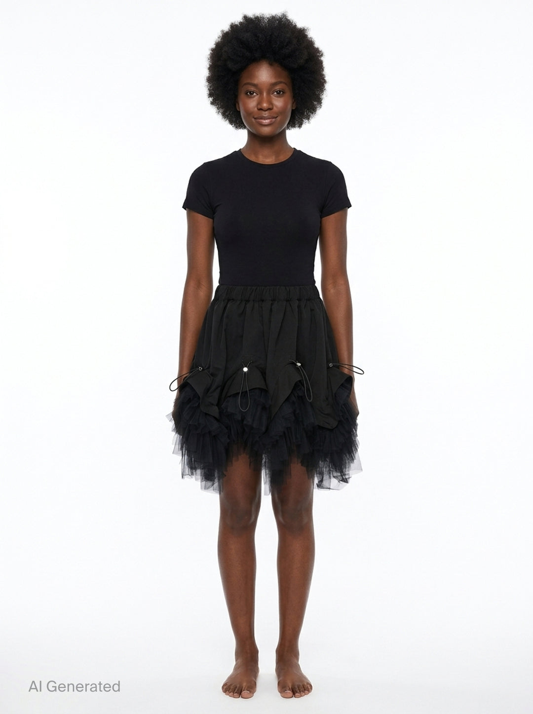 Noir Kei Ninomiya black elasticated waistband mini skirt with ruched woven panels, adjustable drawstring toggles, and layered tiered tulle hem, photographed flat on white background - front