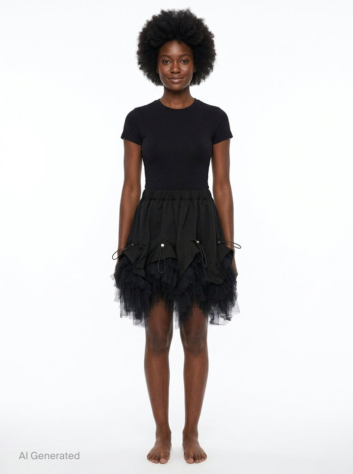 Noir Kei Ninomiya black elasticated waistband mini skirt with ruched woven panels, adjustable drawstring toggles, and layered tiered tulle hem, photographed flat on white background - front