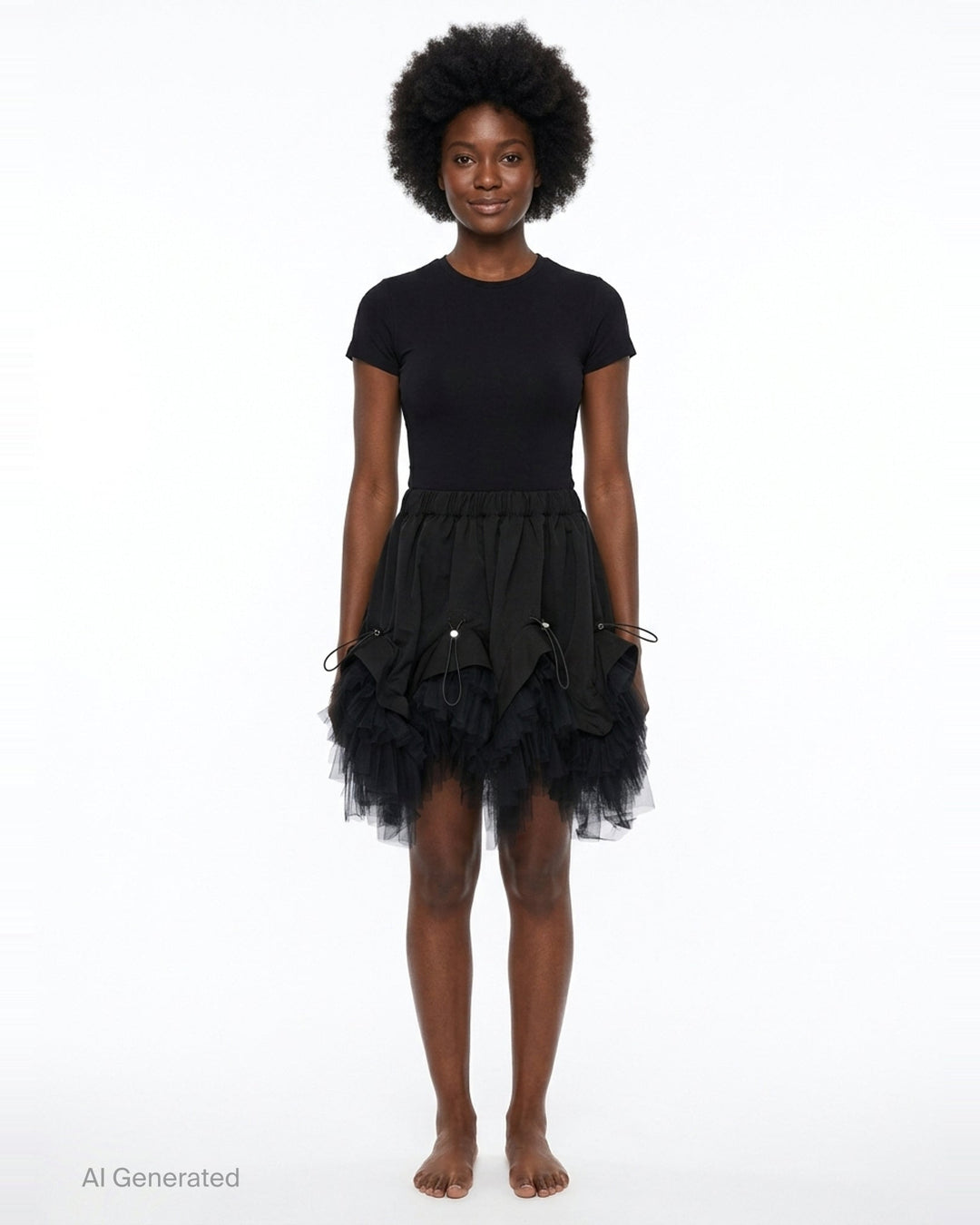Noir Kei Ninomiya black elasticated waistband mini skirt with ruched woven panels, adjustable drawstring toggles, and layered tiered tulle hem, photographed flat on white background - front