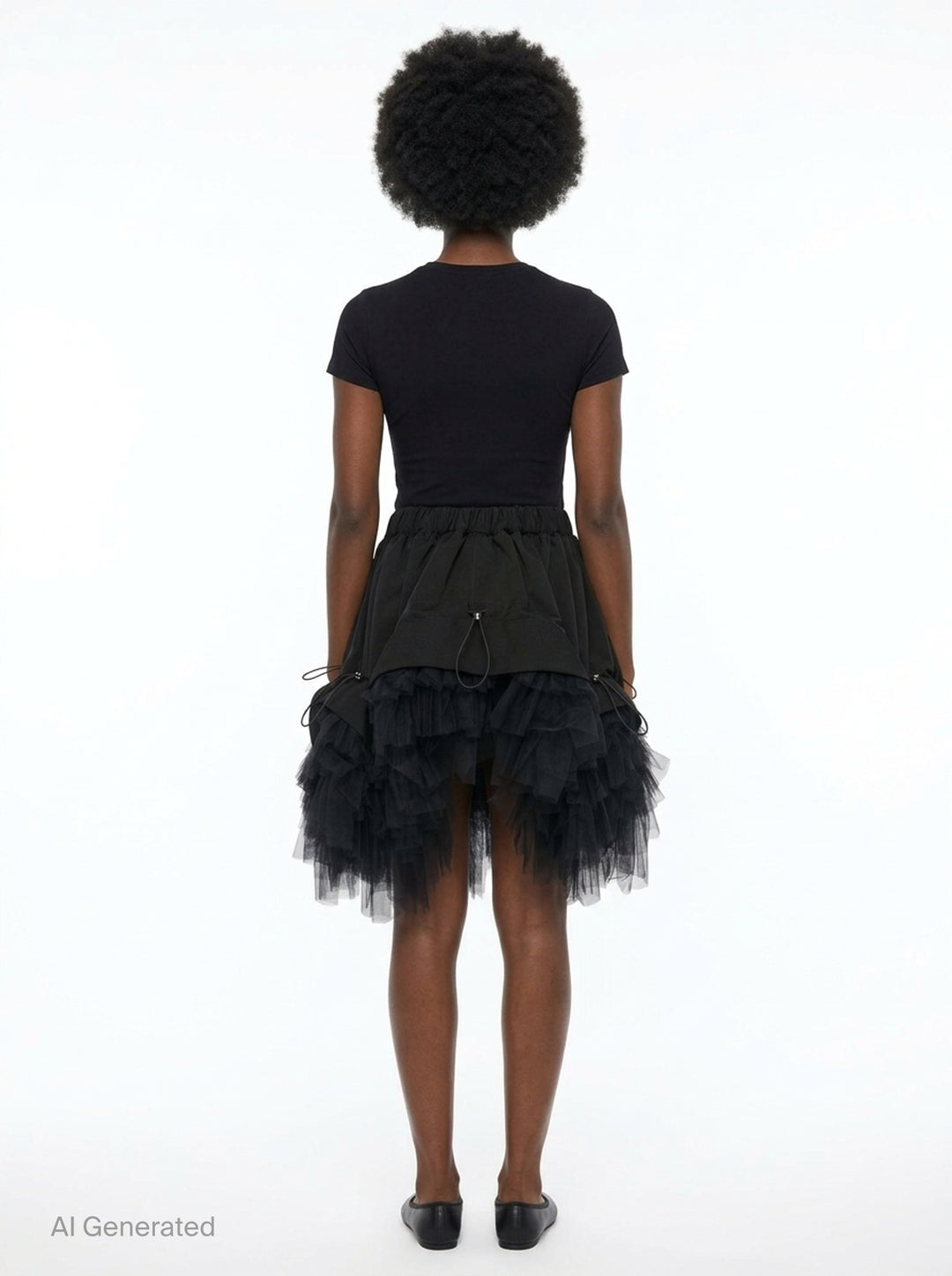 Noir Kei Ninomiya black elasticated waistband mini skirt with ruched woven panels, adjustable drawstring toggles, and layered tiered tulle hem, photographed flat on white background - back