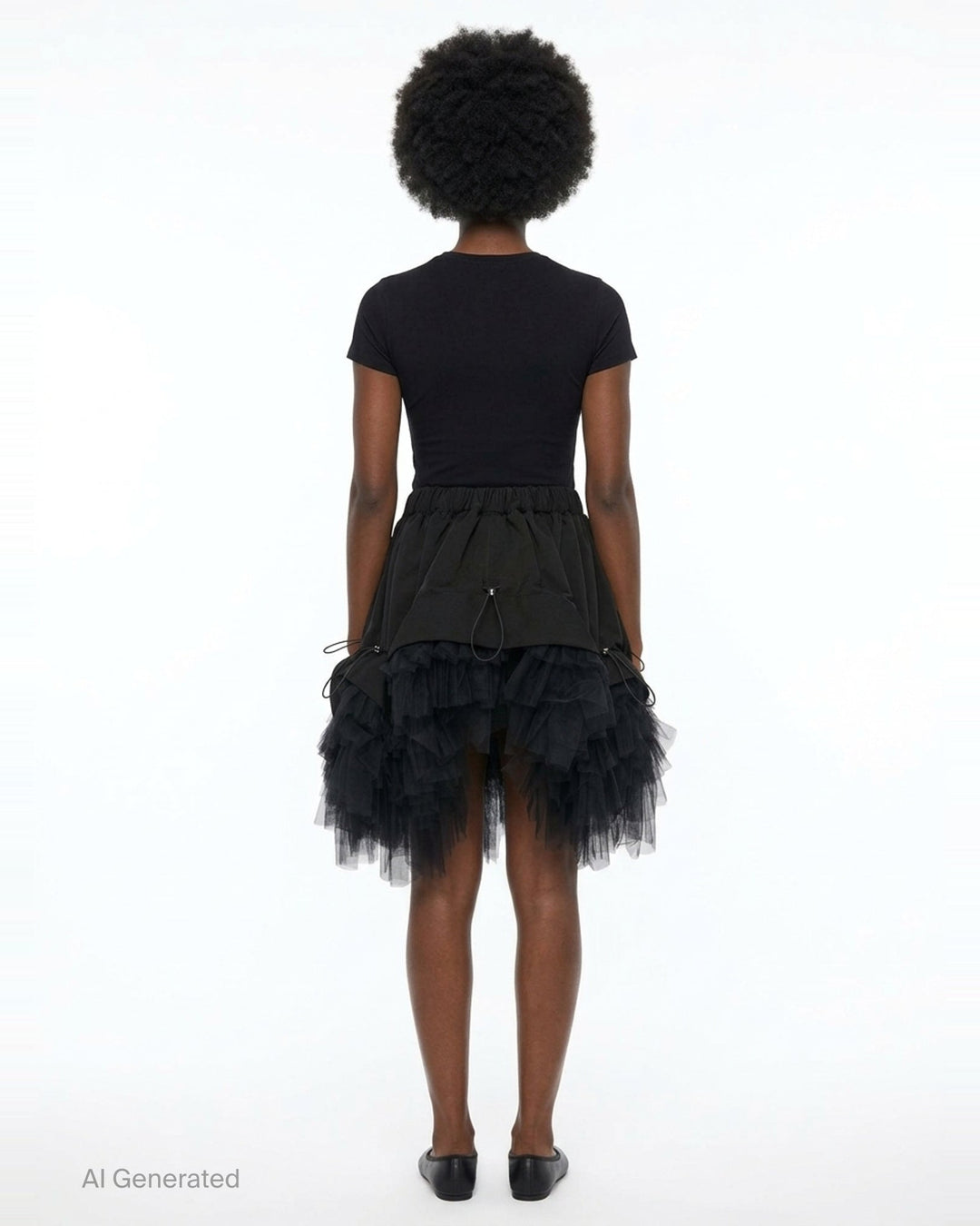 Noir Kei Ninomiya black elasticated waistband mini skirt with ruched woven panels, adjustable drawstring toggles, and layered tiered tulle hem, photographed flat on white background - back
