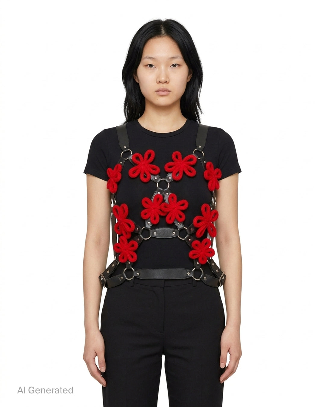 Black faux leather harness vest with red knitted floral appliqués, silver ring connectors and adjustable buckles by Noir Kei Ninomiya - front