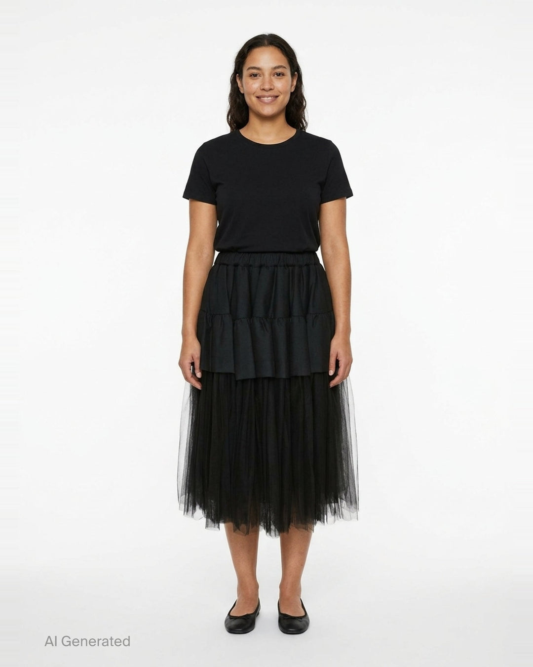Noir Kei Ninomiya black tiered ruffle skirt with gathered elastic waist and sheer tulle underlayer, midi length, on white background - front