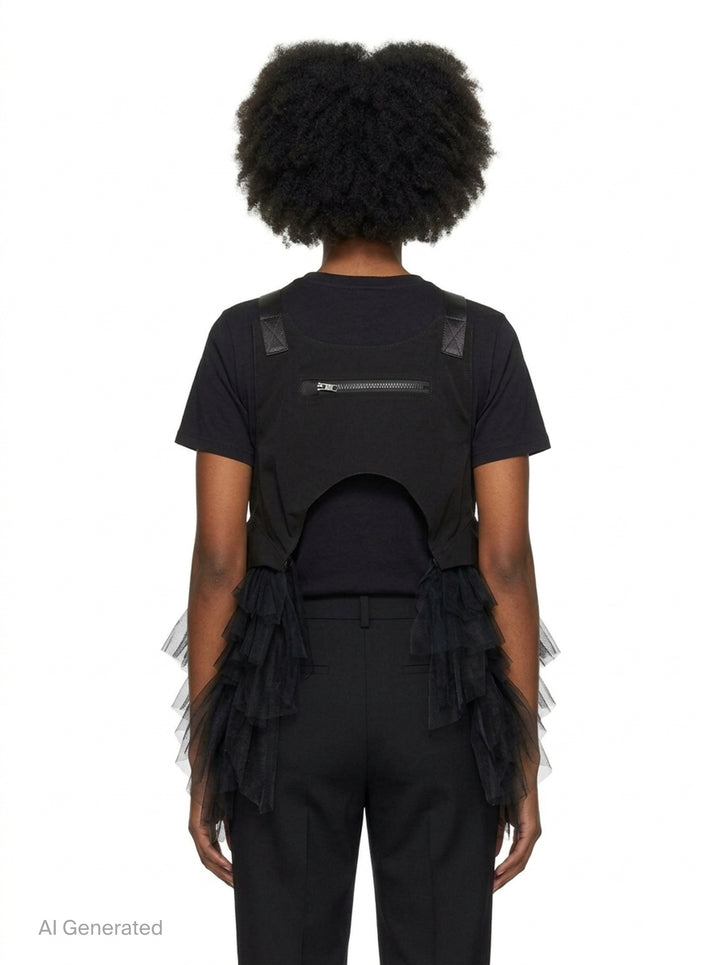 Noir Kei Ninomiya black harness vest with diagonal zip pockets, clip-buckle webbing straps, and cascading sheer tulle panels at the sides, photographed flat on a white background - back