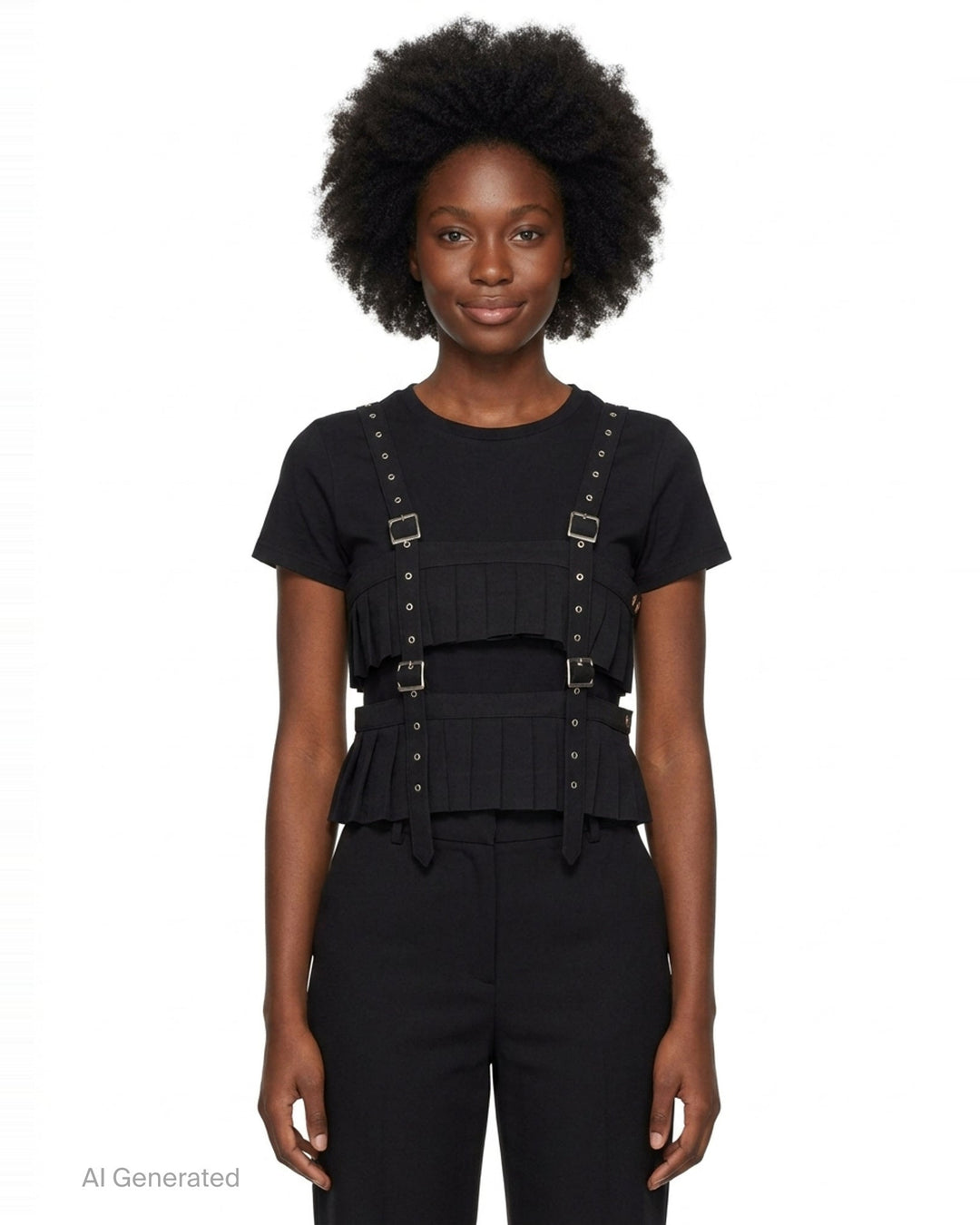 Noir Kei Ninomiya black polyester gabardine harness vest with knife-pleated panels, silver buckles, and studded shoulder straps on a white background - front