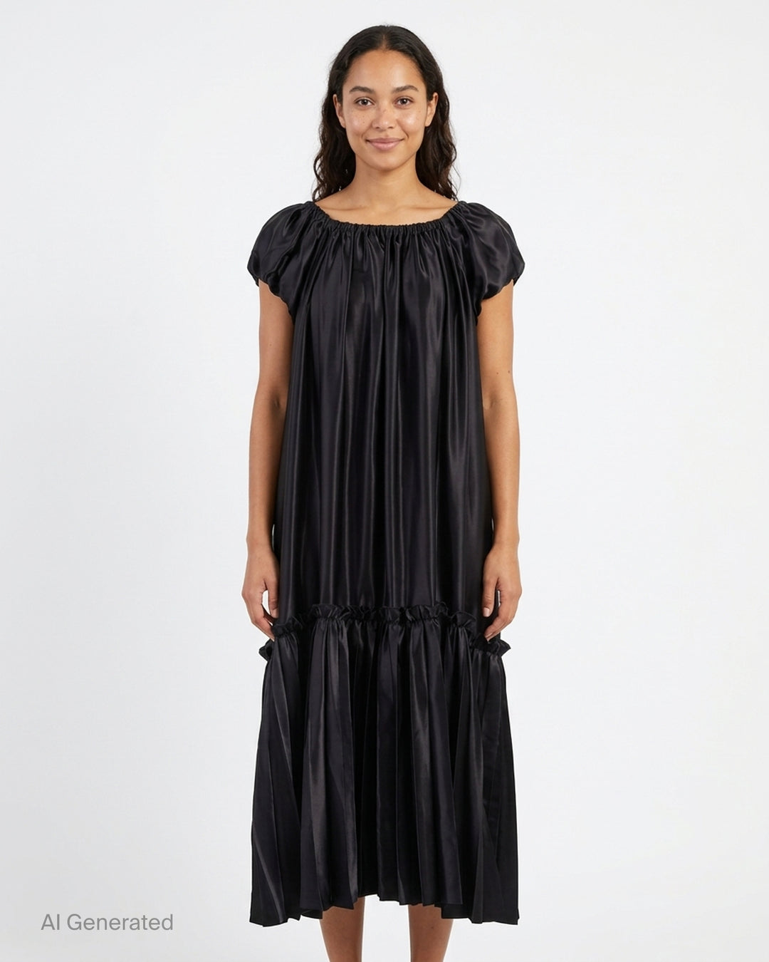 Black polyester satin midi dress with gathered neckline, puff cap sleeves and a pleated ruffle-trimmed tiered hem by Noir Kei Ninomiya - front
