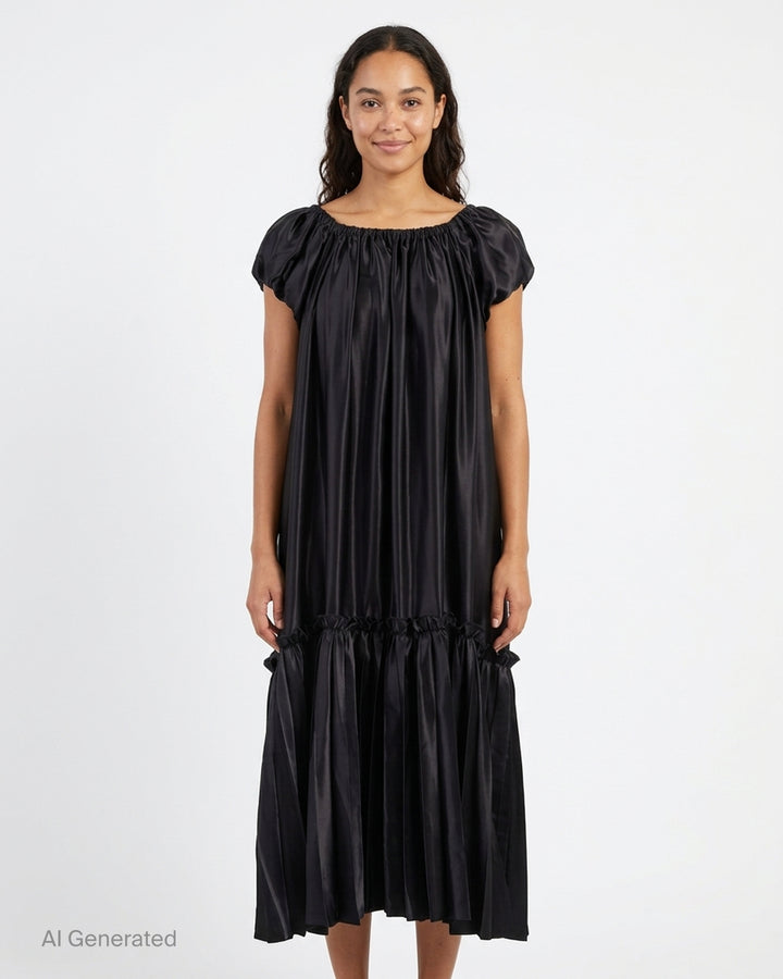 Black polyester satin midi dress with gathered neckline, puff cap sleeves and a pleated ruffle-trimmed tiered hem by Noir Kei Ninomiya - front