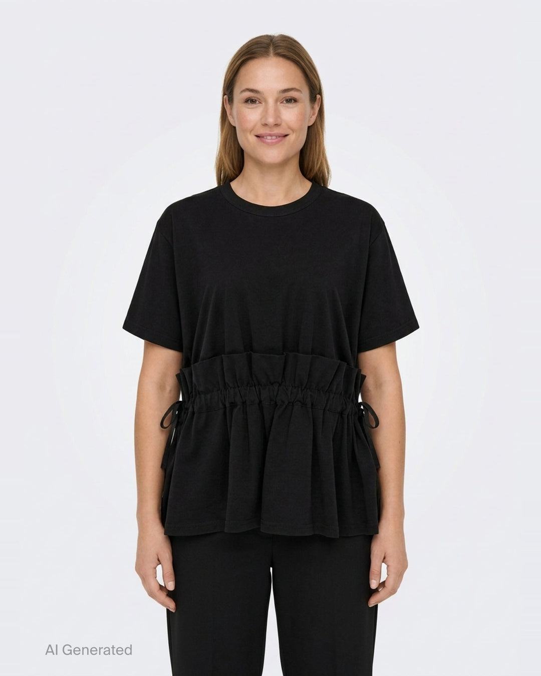 Noir Kei Ninomiya black short-sleeve cotton peplum tee with ruched gathered waistband, drawstring self-ties, and a tiered flared hem, shown flat on a white background - front