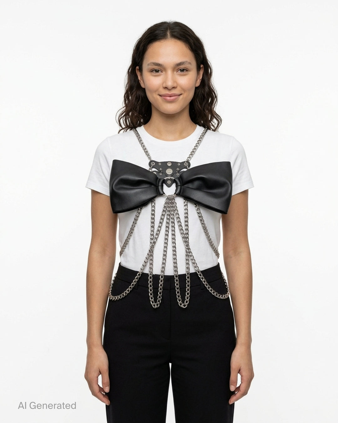 Noir Kei Ninomiya black synthetic leather vest with silver studs, grommets and cascading silver-tone curb chains - front