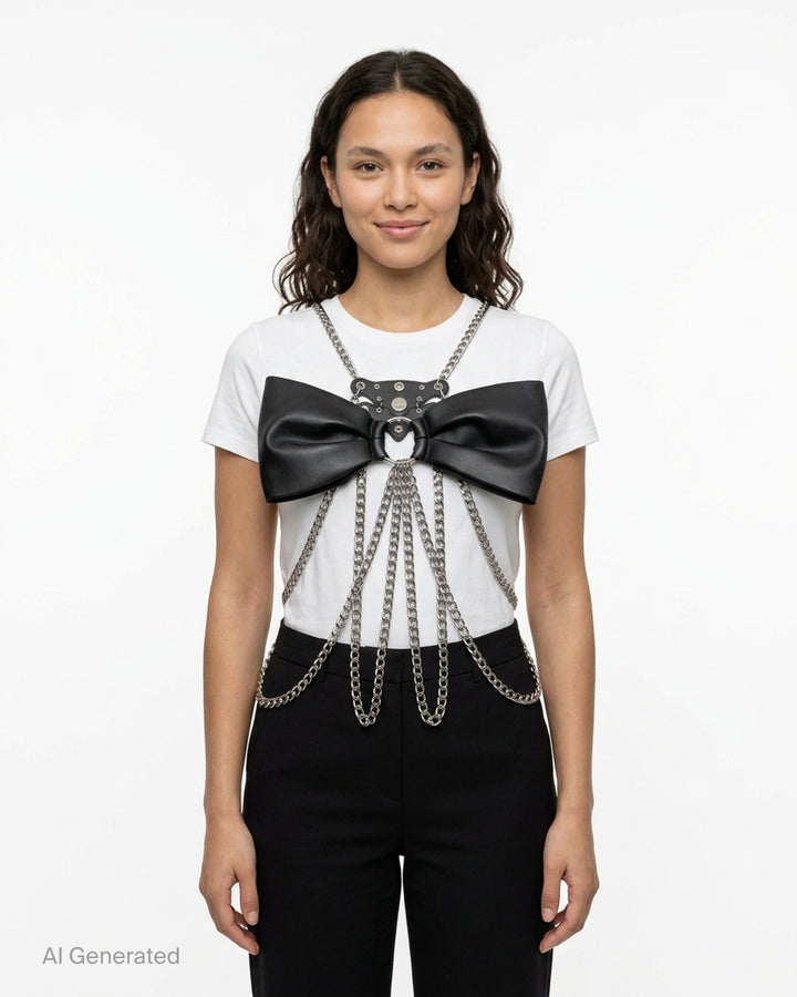 Noir Kei Ninomiya black synthetic leather vest with silver studs, grommets and cascading silver-tone curb chains - front