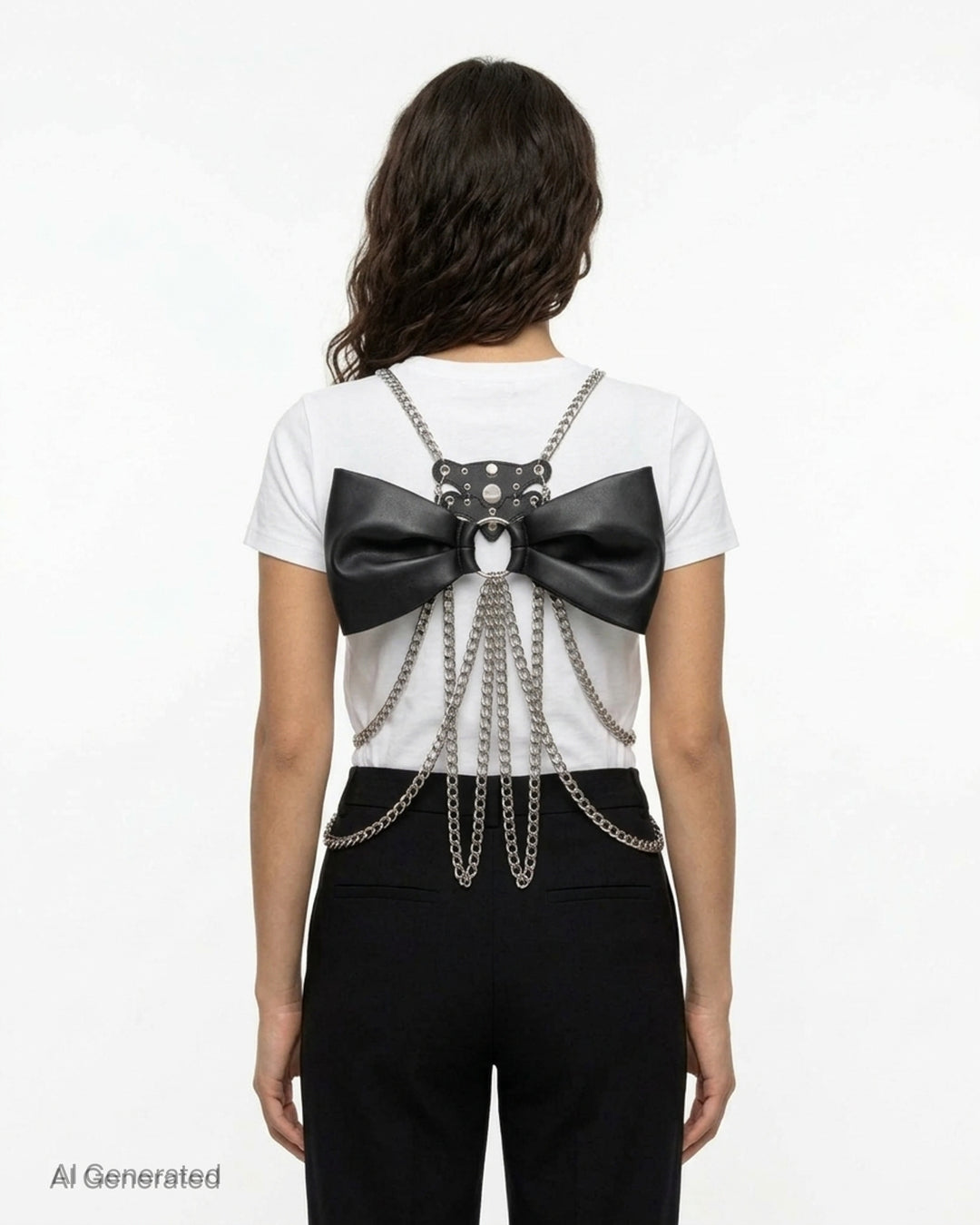 Noir Kei Ninomiya black synthetic leather vest with silver studs, grommets and cascading silver-tone curb chains - back