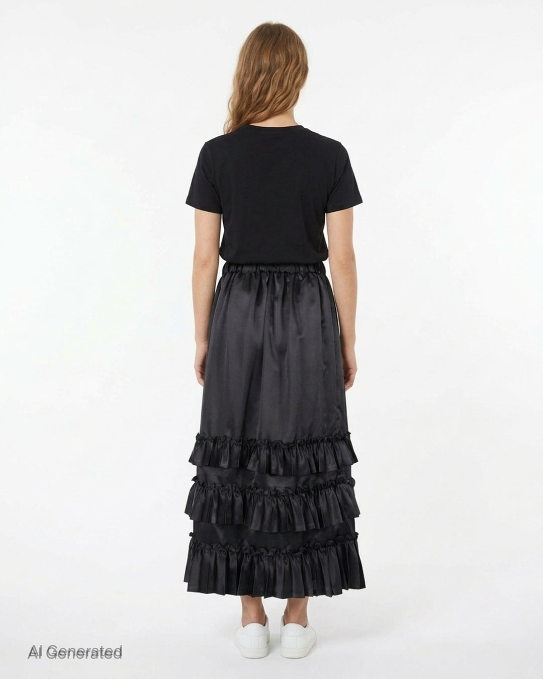 Black satin midi skirt with elasticated waist and three tiers of gathered ruffles at the hem by Noir Kei Ninomiya - back