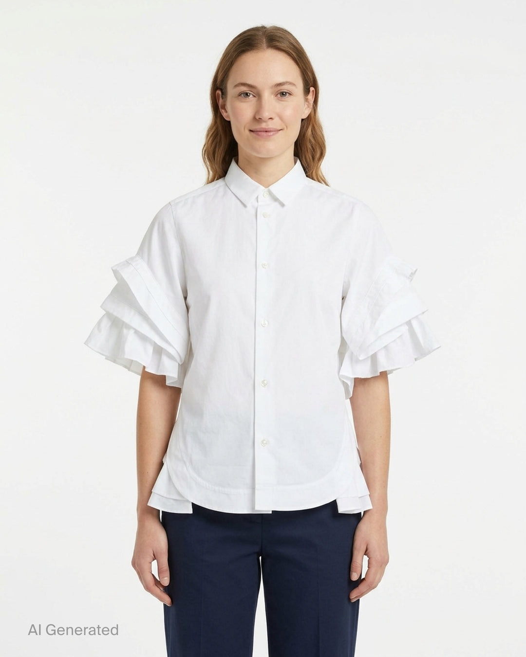 Noir Kei Ninomiya white cotton typewriter shirt with tiered pleated ruffle sleeves, pointed collar, button placket and curved flared hem - front
