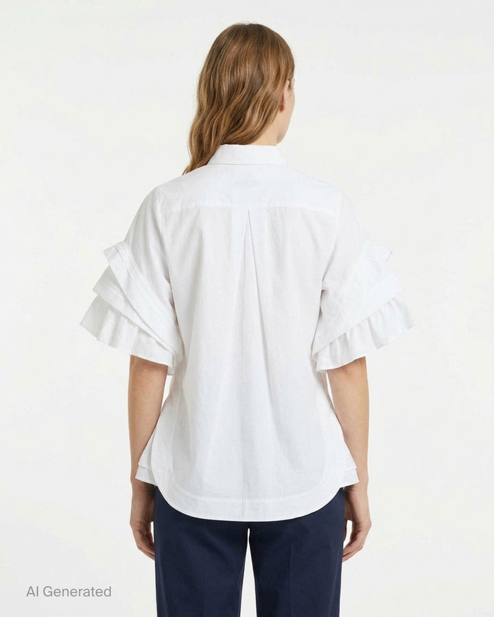 Noir Kei Ninomiya white cotton typewriter shirt with tiered pleated ruffle sleeves, pointed collar, button placket and curved flared hem - back