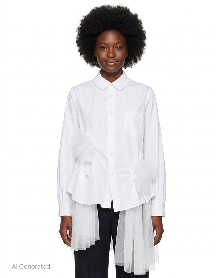 Noir Kei Ninomiya white button-up shirt with rounded collar, gathered tulle ruffle details at the waist and an asymmetric layered tulle hem - front