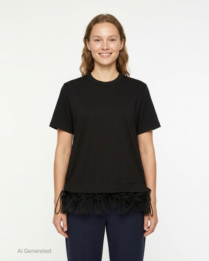 Noir Kei Ninomiya black cotton short sleeve crewneck tee with gathered tulle frill hem and drawstring waistband detail, flat lay on white background - front