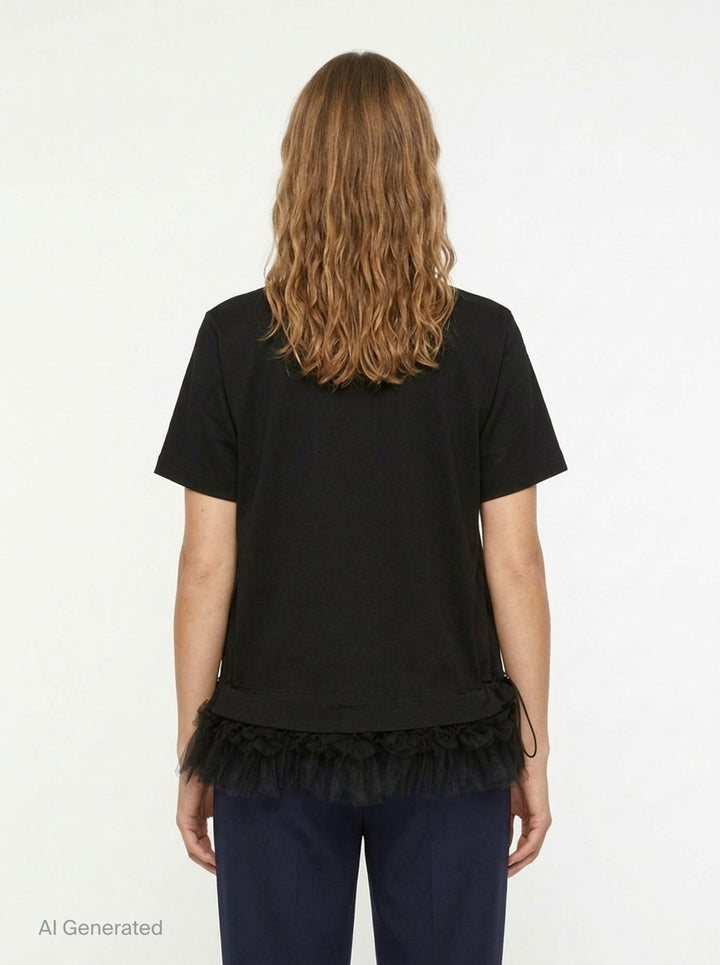 Noir Kei Ninomiya black cotton short sleeve crewneck tee with gathered tulle frill hem and drawstring waistband detail, flat lay on white background - back