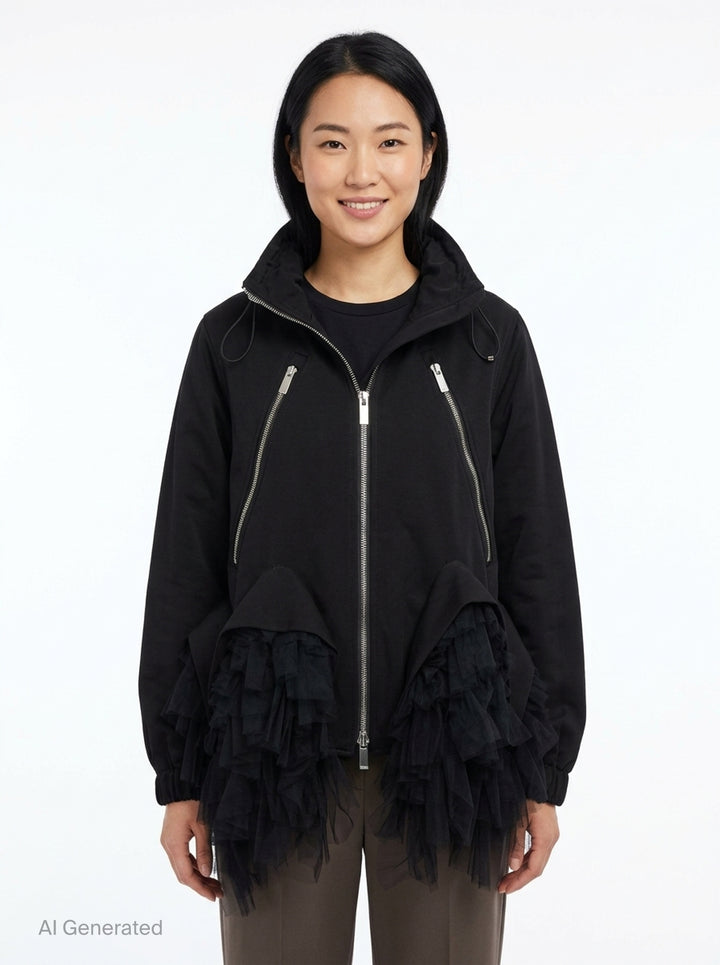 Noir Kei Ninomiya black oversized long sleeve jacket with high drawstring neck, silver zip closures, angled chest zip pockets, and layered black tulle ruffle hem, displayed flat on a white background - front