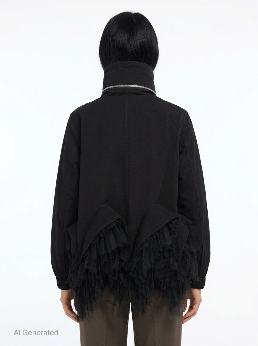 Noir Kei Ninomiya black oversized long sleeve jacket with high drawstring neck, silver zip closures, angled chest zip pockets, and layered black tulle ruffle hem, displayed flat on a white background - back